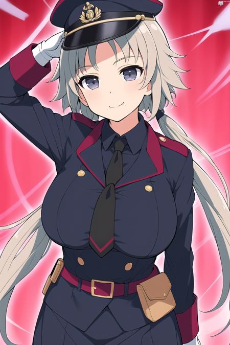 (masterpiece, best quality), highly detailed background, perfect lightingbest quality, ibukiSK, solo, military, indoors, military hat, mini hat, black headwear, grey hair, hairband, hair ornament, twintails, very long hair, grey eyes, large breasts, black jacket, purple shirt, black necktie, <lora:GoodHands-vanilla:1>, white gloves, belt pouch, black skirt, miniskirt, military uniform, smile, closed mouth, <lora:Ibuki_Senran-Kagura:0.7>