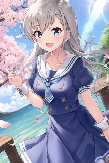 Hisakawa Hayate, 1girl, braided bangs, cherry blossoms, long hair, dress, grey hair, solo, outdoors, short sleeves, smile, puffy short sleeves, looking at viewer, braid, bangs, blue dress, blush, open mouth, tree, necktie, puffy sleeves, sailor collar, wrist cuffs, holding, petals, day, sailor dress, railing, jewelry, collarbone, blue eyes, dutch angle, blue necktie, ribbon, sunlight, breasts, :d, lens flare, bow, hair ornament, bag
  <lora:hisakawa-v2.0-r1:1>