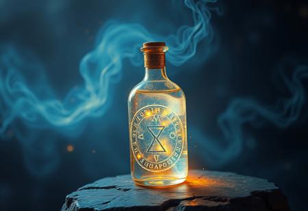 ancient mana potion, glowing ethereal liquid, shimmering with mystical energy, crystalline bottle, intricate runes carved into the glass, celestial blue and golden hues, softly glowing vapor rising from the potion, suspended particles of light within the liquid, swirling magical essence, divine aura, sacred elixir of the gods, delicate floral and herbal aromas, golden cap adorned with ancient symbols, floating in mid-air, surrounded by soft magical light, radiant energy pulsating from the potion, high resolution, photorealism, ((masterpiece)), aura of divine power, ancient and revered, soft glowing runes on the bottle's surface, potion bottle resting on a stone altar, cosmic patterns swirling in the potion, shimmering like the night sky, mythical ingredients infused within