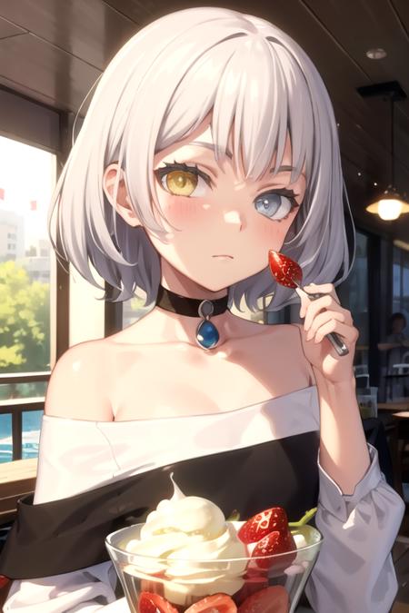 <lora:KanameRana-04:0.7>,ranamygo, 1girl, solo, blush, short hair, blue eyes, shirt, holding, closed mouth, yellow eyes, upper body, food, indoors, off shoulder, grey eyes, fruit, heterochromia, ice cream, strawberry, spoon, holding spoon, parfait