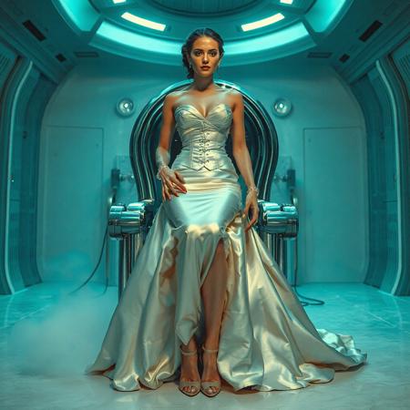 A slender, arrogant  rich norvegian bride, dressed in a luxurious, rich fantasy satin wedding gown with a fitted, boned corset and a full, flared skirt, paired with satin high heels, orgasm face. The brainwashing temple electrode,  connected to a  futuristic superconputer rack. Her hands and ankles are bound to a polished steel throne with massive glass hood  by massive steel restraints, accentuating her ultra-thin waist.  weird fog from the floor. The scene is set in a sterile, empty chamber, with a glossy mother-of-pearl finish, evoking a sense of futuristic dread. Inspired by the cinematic styles of Ridley Scott, Guillermo del Toro, and H.R. Giger, with a blend of sci-fi and horror elements, this full-body portrait is a masterpiece of cinematic storytelling, shot on a virtual v-raptor XL camera, with a warm, film-grained aesthetic, subtle vignette, and rich color grading, reminiscent of 35mm film, with dramatic, atmospheric lighting, inviting the viewer to immerse themselves in this epic, stunning scene.