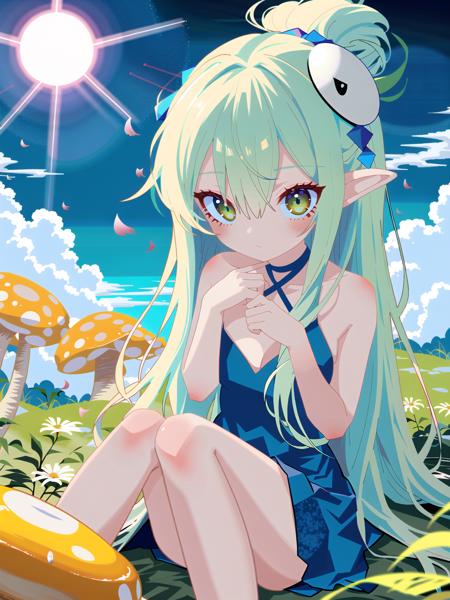 1 girl,solo,sitting,an extreme delete and beautiful,beautiful detailed sky,beautiful detailed eye,side blank banks,hair between eyes,close to viewer,breeze,flying splashes,flying pets,wind,forest,fair,elven,green,flowing dress,long hair,flowing hair decor,series expression,slider figure,green eyes,Almond shaped eyes,fair skin,light blue clothing,sitting on a Mushroom,Close up,green plants,flying petals,flowing headbands,lightweight posture,
<lora:Muse_DashV4-000370:1>,