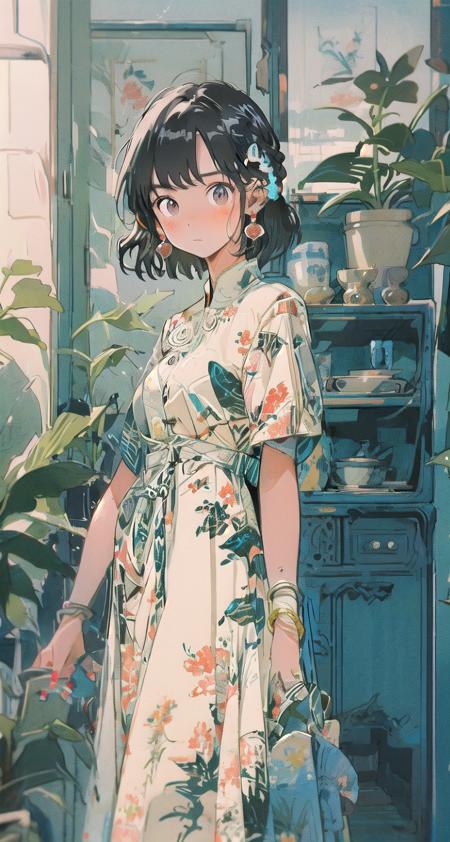 1girl, plant, solo, jewelry, earrings, potted plant, black hair, dress, looking at viewer, short sleeves, bangs, blush, brown eyes, floral print, indoors, bracelet, standing, shelf, short hair, hair ornament, print dress, nail polish, blue dress, medium hair, braid, chinese clothes, closed mouth <lora:oldtime:1>