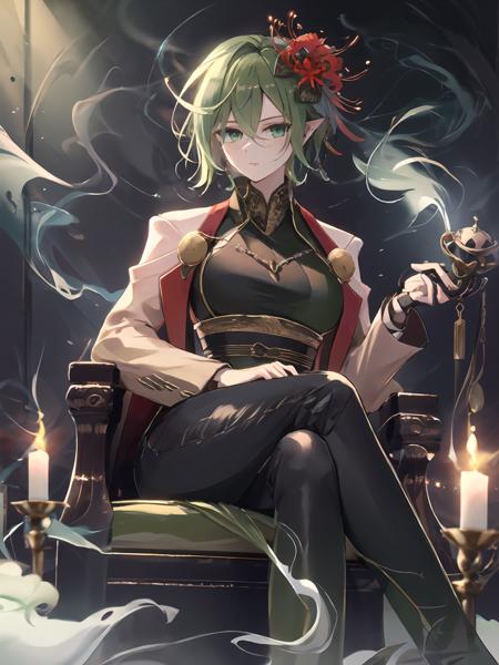 masterpiece,best quality,highres,cinematic lighting,dramatic angle,1girl,green hair,green eyes,hair flower,pointy ears,<lora:ShadowverseMagachiyoV3-000017:0.8:lbw=mgcy>,black suit,sitting,legs crossed,family crest,holding smoking pipe,smoke,depth of field,necklace,looking at viewer,depth of field,expressionless,shaded face,from below,