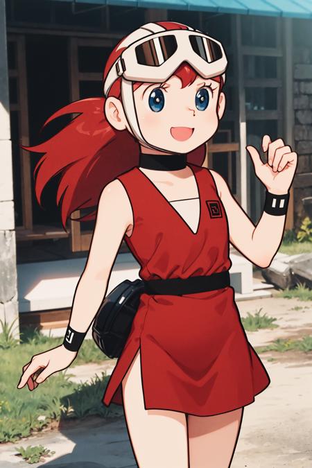 tpream,red hair,pony-tail,red dress,goggles,wristband,choker,helmet,