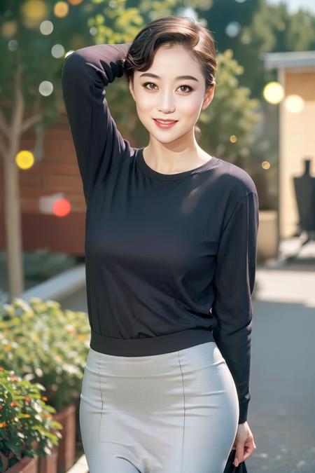 <lora:Lizhi-May11-000040:0.65>  1girl, (looking at viewer),  (bokeh:1.2), (light smile), realistic, arm behind head, tights,pencil skirt, 
yard,house_outside,
realistic,