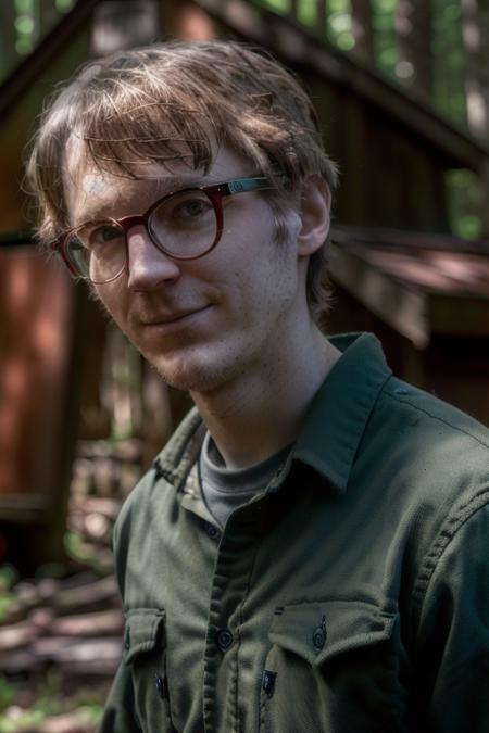 dark cinematic shot of a man in a forest, in a red plaid shirt, (looking directly at camera), (shack in the background), [upper body], (close up), thin frame glasses, [smiling awkward], (candid, amateur), (raw, 8k, uhd, fujifilm xt3),  <lora:paulDano:1>, ominous green lighting