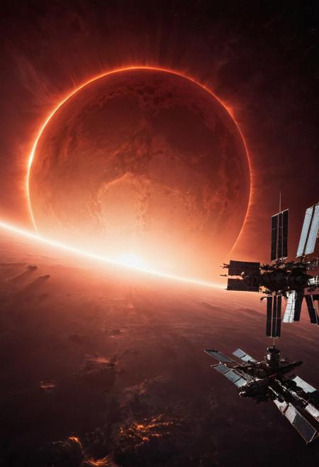 masterpiece, high detail, masterpiece, space station silhouetted by giant dull red sun, great lighting, highest definition, HD32K, wallpaper, hyperdetailed, mythp0rt, photorealistic