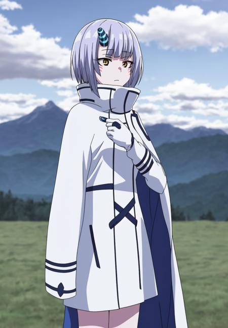 <lora:Ataru:0.8>, Ataru, 1girl, solo, gloves, long sleeves, closed mouth, jacket, outdoors, sky, cloud, cape, blurry, blurry background, facial mark, cloudy sky, mountain, white cape