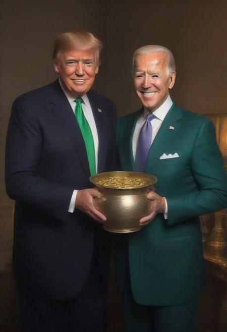 Photo of Donald Trump & Joe Biden The Great Gatsby, smiling, perfect eyes, is holding a pot of gold in one hand, giving to the observer, green theme, volumetric, ral-cltc, <lora:ral-cltc:0.8>