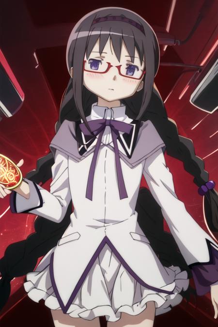 best quality, masterpiece, highres, solo, {akemi_homura_puellamagimadokamagica:1.15}, black_hair, long_hair, hairband, purple_eyes, blush, 1girl, braid, glasses, magical_girl, twin_braids, red-framed_eyewear, anime_coloring