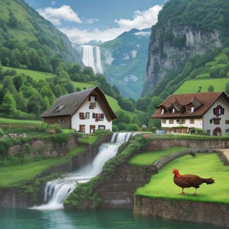 farm with hen and house in the country of Switzerland with waterfall background