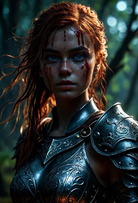 Ultra detailed digital art masterpiece Warrior girl dressed in a iron Armor, Standing on a battlefield at the head of an army of knights, where a bloody slaughter is taking place, standing in battle pose, a dark epic fantasy, perfect lighting, beautiful  Sadie Sink as Warrior girl, attractive woman, elegant, sinewy athletic body, unreal engine 5 nanite quality, mixed with dark elements, dark environment, very stormy night, clean dark velour witch clothing, LOTR style, dark washed out eyeliner, no make up, natural bloody face, realistic blue eyes, ultra detailed atmospheric details, beautiful glowing effects, sparkle effects, realistic body proportions, beautiful face proportions, complex masterpiece, wavy red hair, creative glowing detailed tattoos, complex physics, enhanced colors, complimentary colors, ultra detailed raytracing reflections, Ultra detailed complex background, environment feels alive, direct eye contact, dramatic lighting, wet and sweaty skin, beautiful firm Breasts, Concept art portrait by Greg Rutkowski, adding to the intense and dynamic atmosphere of the scene.