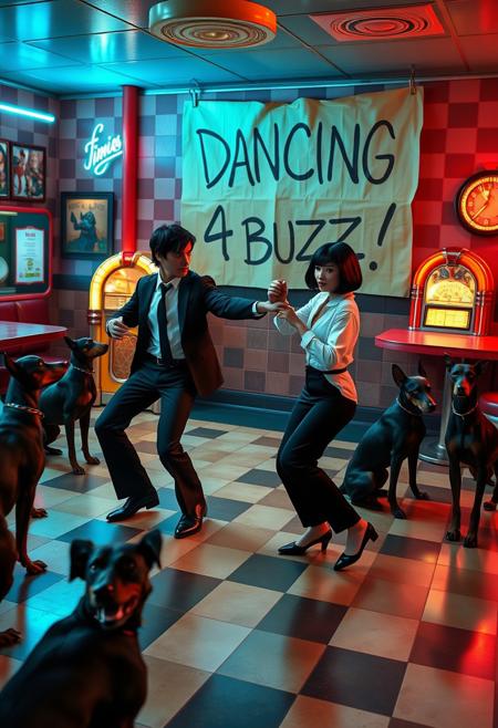 Create an image of a lively dance scene reminiscent of the iconic moment in “Pulp Fiction,” but with a unique twist. The setting is a retro-themed 1950s diner with checkered floors, neon lights, and a jukebox playing in the background. In the foreground, two characters are dancing: one is a man with dark hair, wearing a black suit, white shirt, and tie, and the other is a woman with a short black bob haircut, dressed in a white blouse and black pants. They are mid-dance, striking a playful pose with confident expressions, one pointing towards the other.
Surrounding the dance floor are several dobermans with menacing postures, their eyes glowing a fiery red, giving the scene a surreal and eerie atmosphere. In the background, prominently displayed, is a large cardboard sign that reads “DANCING 4 BUZZ!” in bold, hand-drawn letters. The sign adds a quirky, almost playful element to the otherwise intense and otherworldly scene, blending humor with the ominous vibe of the dobermans. The overall image should feel dynamic, with a mix of cool, rebellious energy and surreal tension.