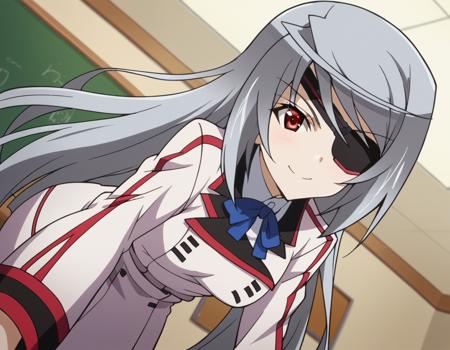 laura bodewig, long hair, red eyes, grey hair, eyepatch, school uniform, ribbon, blue ribbon, long sleeves, red trim, uniform, military uniform, white military uniform, maid, maid headdress, frils, juliet sleeves, puffy sleeves,