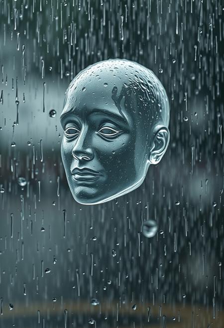 rain blocked by an invisible object, water running around the shape of an invisible human bust, like a transparent glass head under heavy rain, portrait of a person who cannot be seen