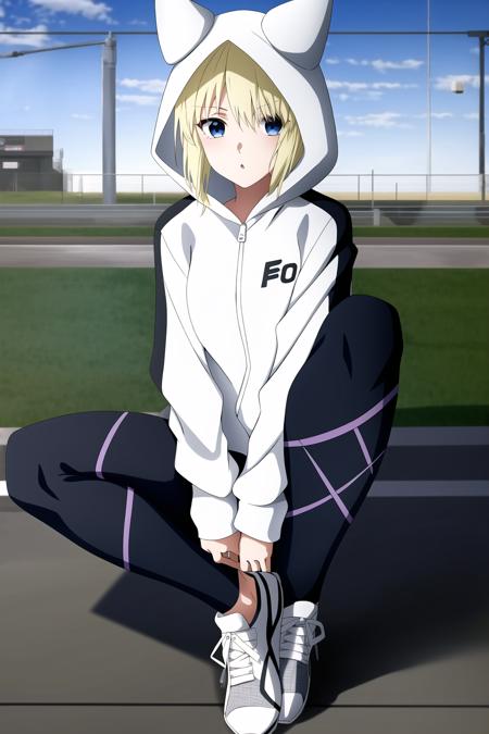 1girl, konjihen, kon, hoodie, leggings, hood, blonde hair, blue eyes, sneakers, fence, railway, train, city