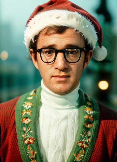 ( <lora:WoodyAllen:1>) a close up Portrait photo of (wa1) man with glasses, Detailed face, (perfect eyes), (highly detailed skin:1.1),  body, wearing a ((Light green Brocade Embroidered Performance leggings and Periwinkle Polyester Fleur-de-lis Turtleneck sweater and Moccasins and Santa Claus hat and Anklet)), Modelshoot style, Professional Photography, soft lighting, PHOTOREALISTIC, Realistic, standing in A vibrant coral reef, teeming with a rainbow of colorful fish and intricate marine life. background, blurred background, volumetric fog,. RAW, analog style, sharp focus, 8k, HD, DSLR, high quality, Fujifilm XT3, film grain, award winning, masterpiece,