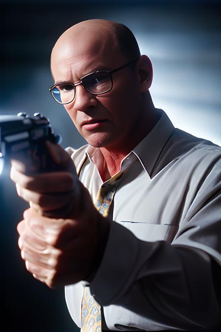 movie poster, mitch_pileggi, man, dark background, glasses, holding a gun pointing up, dramatic lighting, realistic, highly detailed
<lora:mitch_pileggi:0.8>