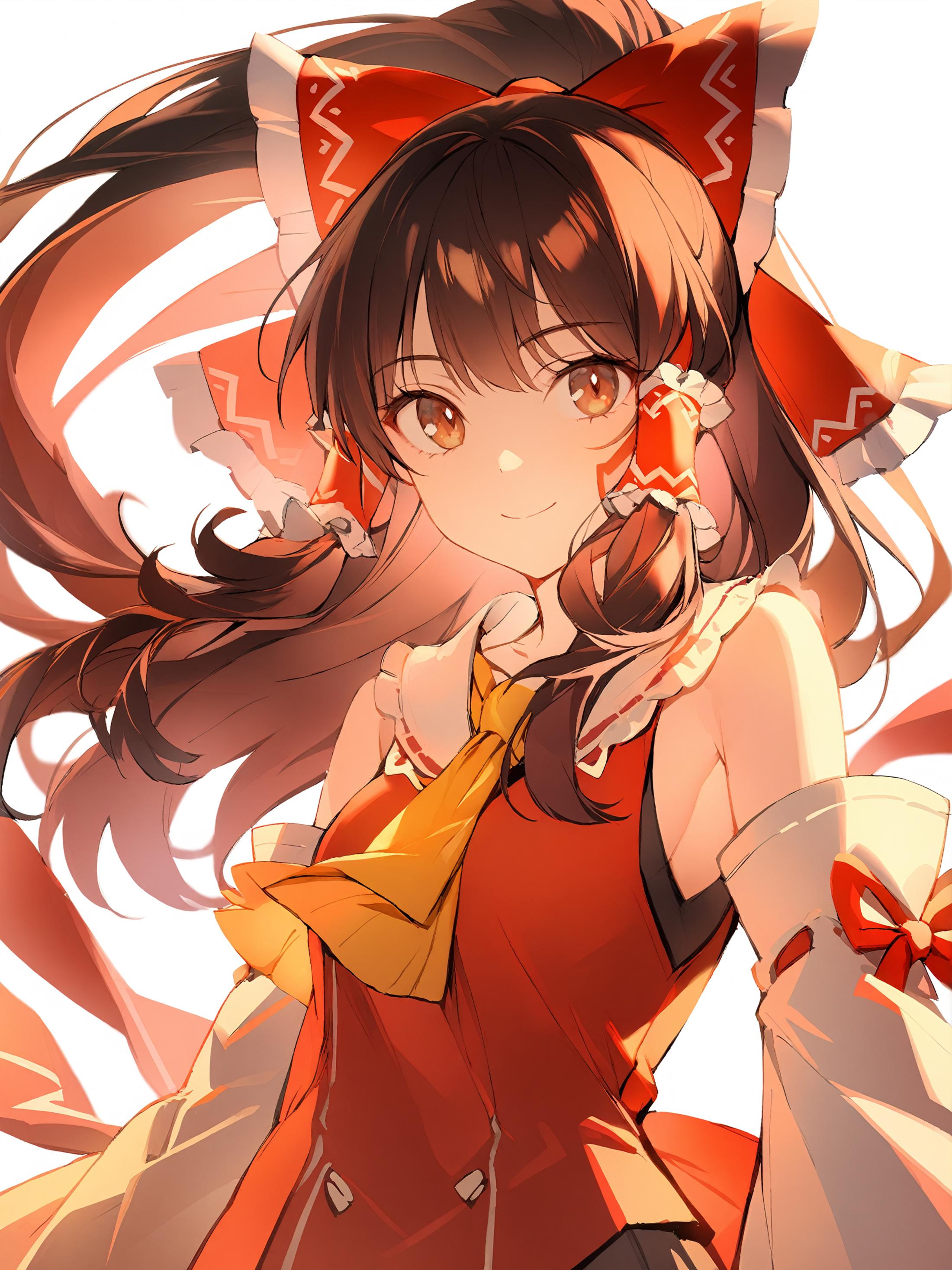 1girl, 
hakurei reimu,  
solo, brown hair, long hair, brown eyes, white background, simple background, looking at viewer, ...