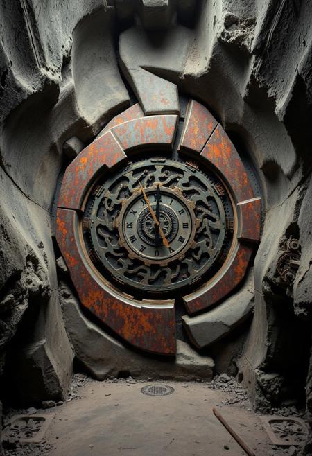 clock, underground bunker, raw, weathered forms, rounded and eroded concrete walls, fragmented steel beams, flowing and interconnected shapes, soft brutal edges, primal aesthetic, multichromatic oxides, vibrant colors of corrosion, saturated hues of rust, deep earthy tones, patina on metal surfaces, recursive shapes in mechanical gears, infinite geometry in clockwork, intricate fractal structures in rusted metal, colorful oxides, stark industrial lighting, dystopian vibe, sculptural appearance, unsettling, high resolution, photorealism, (overloaded multichromatic oxides:1.6), (emphasis on rusted forms and colorful corrosion:1.6), minimal details, intersecting planes of concrete and rusted steel, soft rounded geometry, worn textures, (blurry:-1.2), (ugly:-1.3), (cartoonish:-1.1), (polished:-1.3), (low quality:-1.2), (overly ornate:-1.5), (disjointed anatomy:-1.3), (soft lighting:-1.2), (noisy:-1.1), (bad composition:-1.3)