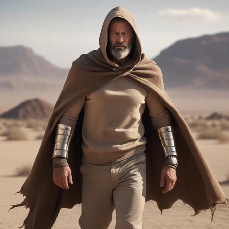 Muscular man stands tall, features short brown and grey hair, accompanied by a brown and grey beard, adorned in a beige sweater, brown trousers, metal bracers, with a tattered old brown cloak and hood billowing around him, set against a backdrop of a scorching desert planet, aesthetic in a dramatic lighting, ultra realistic, 8k, cinematic.