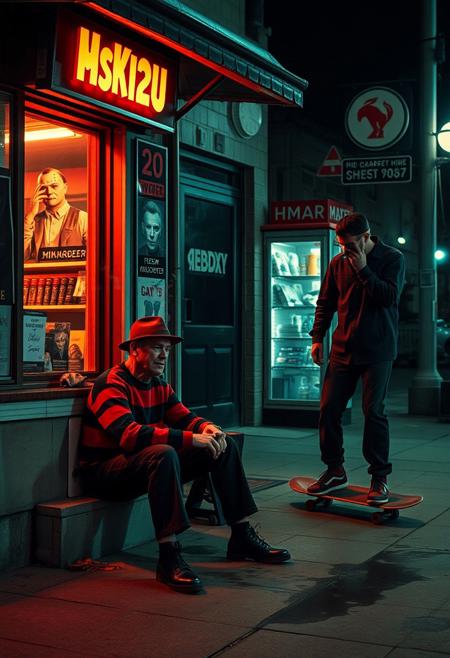 outside a minimarket, 20 years old Freddy Krueger smoking a cigarrette sitting on the sidewalk, 18 years old jason voorhees watching her telephone, 21 years old michael myers on a skateboard doing tricks