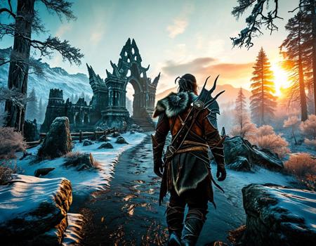  Skyrim, walking through the mystical and snow-covered forests <lora:MJ52:1>