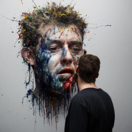 . (a man that is standing in front of a painting, a hyperrealistic painting, inspired by Sam Spratt, shutterstock contest winner, shock art, man carving himself out of stone, cracking glass through reality, art in an absurdist style, devouring)