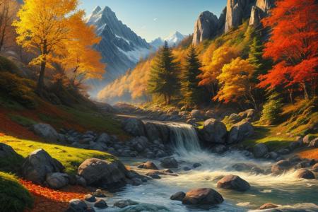 <Views of nature>, Dream Scenery, detailxl, valley, mountains, rocks, spring, falling leaves, wind, forest, golden
