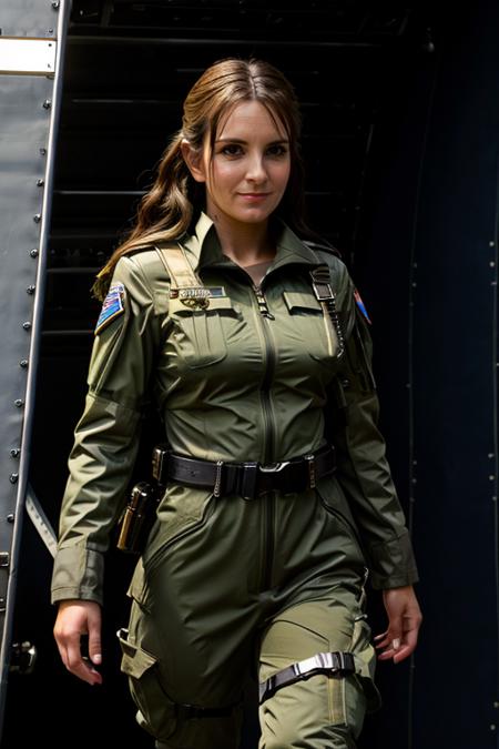 paratrooper costume ,  space elevator , dusk  <lora:Tina_Fey:1> 1girl, solo, a mature t1873f, masterpiece, best quality, detailed face,