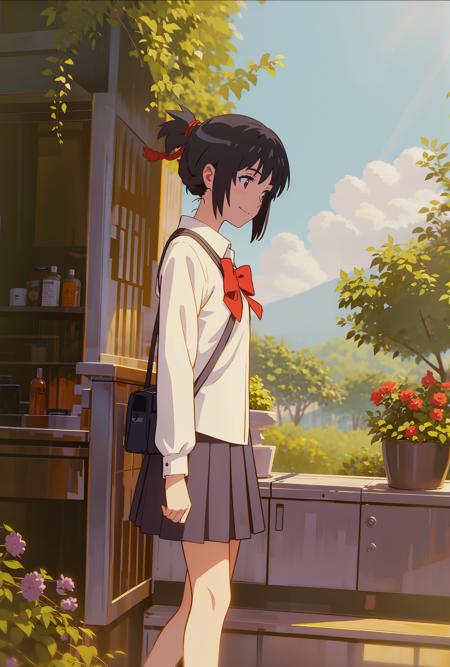 <lora:miyamizu_mitsuha:0.75>,miyamizu_mitsuha,(full body:0.8),(smile),yellow school uniform, white shirt, black school skirt, outdoors,(light rays:1.2),(sun:1.2),(blue sky:1.1), park,flowers,lawn,trees,from side,