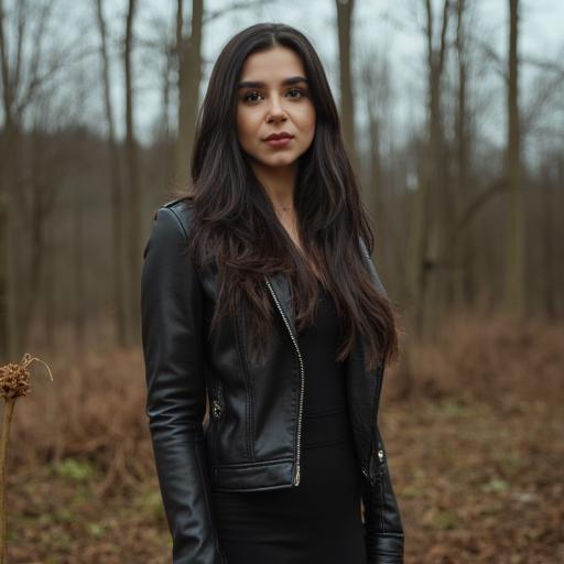 almost pensive, ornate, and is of a slender build. Her facial features include expressive, and black., The image is a high-resolution photograph featuring a young woman standing outdoors in a forest with leafless trees, with a light olive skin tone, which adds a soft, athletic physique with fair skin and a curvy figure. Her most prominent feature is her large