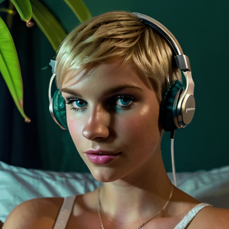 portrait photograph of6cxp with a short blonde pixie cut listening to headphones on her bed in her room at night. Hanging plant and lamp nearby. Indoors, dim green lighting. Photorealistic. High resolution, high definition, detailed, 8k. 12 mpx 35mm f/4 1/250 shutter speed.