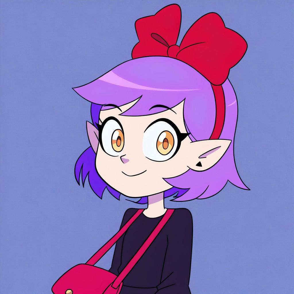 score_9, score_8_up, score_7_up, <lora:Bonifasco_PonyXL_v1:0.7>, source_cartoon, 1girl, solo, amity blight, yellow eyes, pointy ears, purple hair, short hair, black nails, <lora:witch-kiki-cosplay-ponyxl-lora-nochekaiser:1>, witch kiki cosplay, kiki (majo no takkyuubin) (cosplay), bag, black dress, bow, bow hairband, cosplay dress, hairband, long dress, red bow, red hairband, shoulder bag, sleeves past elbows, smile, looking at viewer, character design, OC, full body.