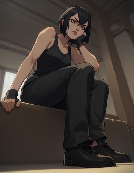 xalexandrax, black hair, short hair, brown eyes black coat, shoes black tank top, fingerless gloves, pants, shoes