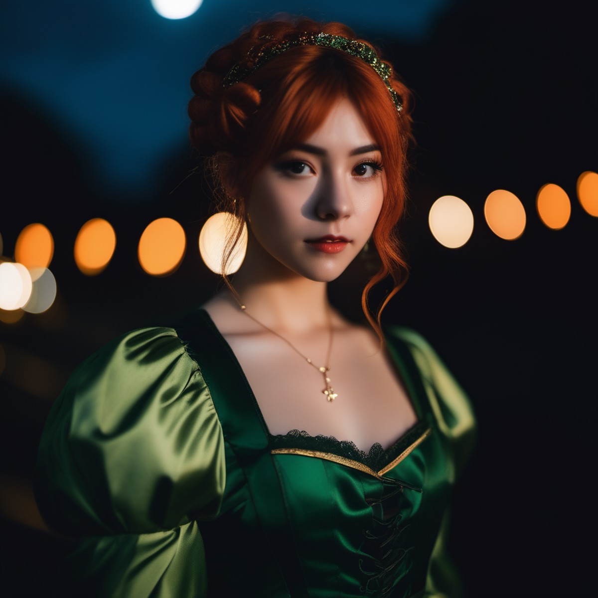 photograph, side lit, Canon R5, Flustered, 35mm, spotlit, Iphone X, Depth of field 270mm, young_woman,cosplay, Green and d...