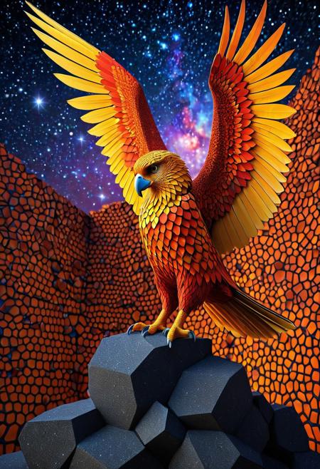 Geometric Transformation, ((harpy)) made out of voronoi,  basalt columns, Catapedaphobia, starry night, dramatic, vibrant colors, vivid colors, Masterpiece, best quality, amazing quality, volumetric lighting, SFW, PG, exquisite detail, digital art, highly detailed, beautiful, surreal, lazypos,