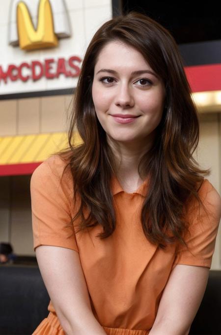 a beautiful picture of maryelizabeth15 , detailed skin texture,masterpiece, photorealistic, RAW color photo,(fully in frame:1.1), (goosebumps:0.5),brunette, detailed face,mcdonald's,sitting,uppper body,looking at viewer,smile,   <lora:maryelizabeth15 (1):1>