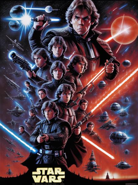 80s movie poster, Luke Skywalker wielding a lightsaber, space background, Darth Vader behind him, highly detailed, masterpiece, "STAR WARS" text on bottom<lora:80s Movie Poster Style:1>