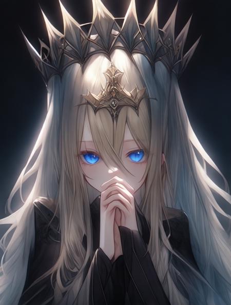 the queen of assassins, beautiful elegant portrait, 1girl, solo, jewelry, long hair, crown, earrings, looking at viewer, blonde hair, upper body, blue eyes, closed mouth, signature, veil, own hands together, gem, bangs, grey eyes, long sleeves, simple background, dress, fingernails, parted bangs, bridal gauntlets