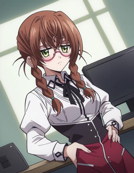 aika kiryuu, long hair, brown hair, green eyes, braid, glasses, twin braids, medium breasts shirt, ribbon, school uniform, white shirt, black ribbon, neck ribbon, capelet, black capelet, long sleeves, skirt, red skirt,