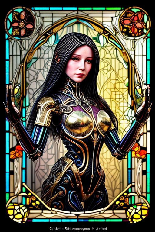 A humanoid AI represented in Art Nouveau style, with intricate, flowing lines and decorative patterns. She has a serene expression, her hair a cascade of metallic threads intertwined with floral motifs. Her body is partly robotic, with gold and pearl accents, seamlessly blending with organic forms. The background is a stained-glass-style design, featuring celestial and floral imagery. Art style: detailed, ornamental, and vintage-inspired."