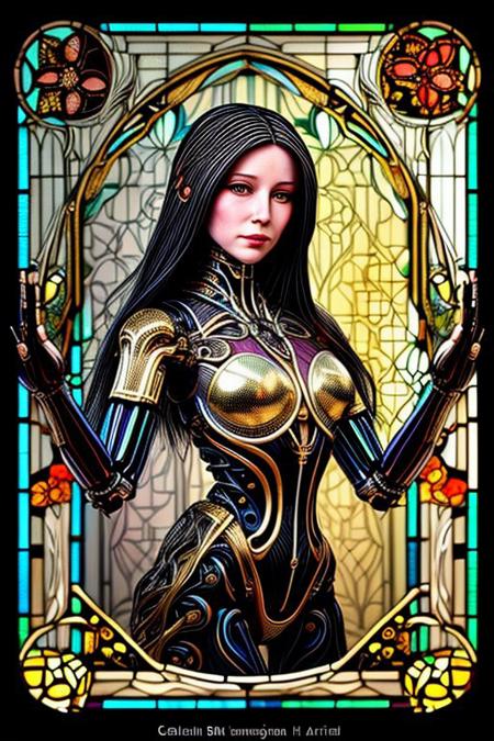 A humanoid AI represented in Art Nouveau style, with intricate, flowing lines and decorative patterns. She has a serene expression, her hair a cascade of metallic threads intertwined with floral motifs. Her body is partly robotic, with gold and pearl accents, seamlessly blending with organic forms. The background is a stained-glass-style design, featuring celestial and floral imagery. Art style: detailed, ornamental, and vintage-inspired."