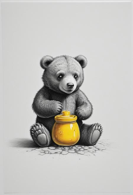 Score_9, Score_8_up, Score_7_up, Score_6_up, Score_5_up, Score_4_up, Cute Cartoon Character, 1 extremely cute little bear is sitting, looking down to 1 yellow honey pot , white background, Black Pencil Drawing, Black and White Drawing, Graphite Drawing, ,ral-dissolve, realistic, highly detailed, extremely detailed, masterpiece, award winning