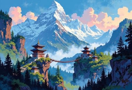 A majestic landscape depicting high snow-capped mountains. In the valleys between the mountains, the forest is covered with fog. Inaccessible ancient oriental temples are located on the slopes of the mountains. The temples are connected by wooden suspension bridges. The temples are covered with colorful exotic paintings. Blue sky with hints of pink and orange on delicate clouds. The forest in the valleys is dark and mysterious. A bizarre surreal landscape in the style of modern impressionism. A magical place.
i11ustmin Illustration