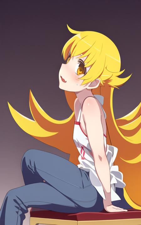 <lora:OshinoShinobuV1:1>,oshino shinobu, adult, masterpiece, best quality, sitting, pants, from the side, adult face, t shirt,