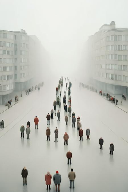 <lora:Akos Major style:1>Akos Major style - A group of people lazily roamed the city, 15 millimeters, led by Akos Major, They looked heavy and lined up in a long line, surrounded by nothing but people. The camera looks down from the sky