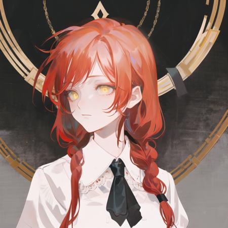 illustration, high res, masterpiece, best quality, simple background, upper body,
1 mature woman with red hair and sidelocks and 1 high braid tail and white shirt and black tie , yellow ring eyes, closed mouth and [expressionless], <lora:newrei2:1>