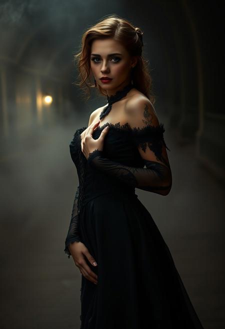 Mina Harker, beautiful girl, victorian dark green and ornamented gown, sensual pose, erotic, horror scene, at night , cold light, fog, mist,  top light, low saturation, tenebrism, highly detailed,  masterful photography studio